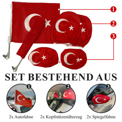 6-teilig Türkei KFZ Fan-Deko Set mit Autofahne Spiegelflaggen Kopfstützenfahnen Türkiye  Auto Fahne Flagge