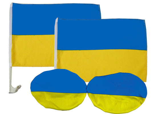 4 teiliges Ukraine Auto Fanset mit Autofahne Spiegelflaggen Auto Fahne Flagge